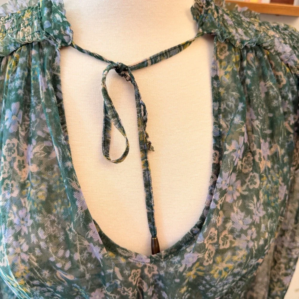 Free People Floral Mesh Crop Top Womens XS Green Boho Smocked Ruffle Blouse